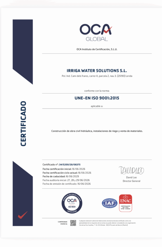 iso9001 IRRIGA certificat de qualitat